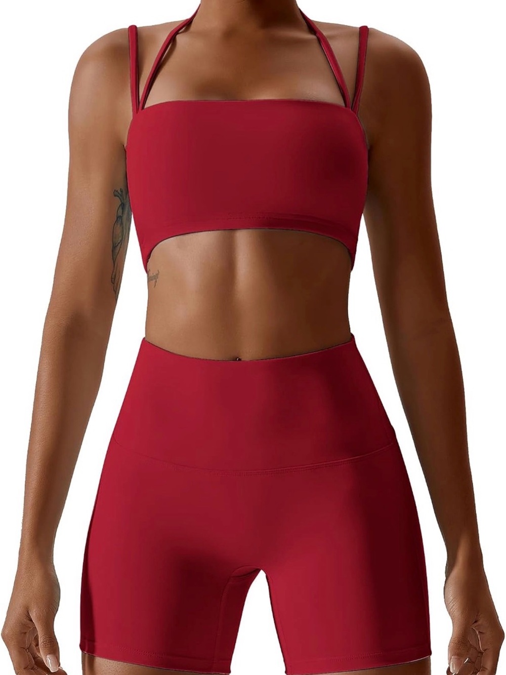 Red Two-Piece Athletic Crop Top and High-Waist Bike Shorts Set